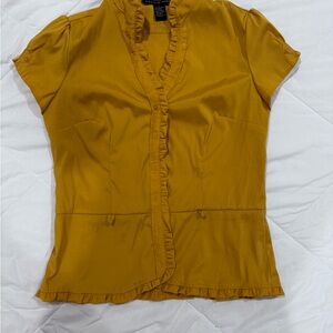 Antilia Femme Mustard Ruffle-Trim Short Sleeve Blouse
